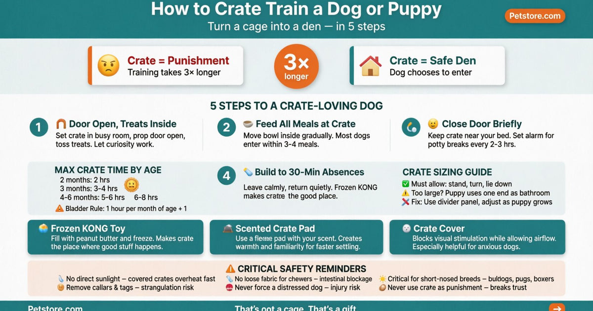 How to Crate Train a Dog or Puppy — 5 steps infographic by Petstore.com