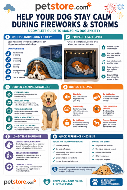 How to Handle Dog Anxiety During Fireworks and Storms — petstore.com infographic