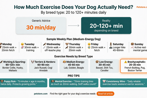 How Much Exercise Does Your Dog Actually Need? By breed type: 20 to 120+ minutes daily — Petstore.com infographic