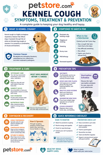 Kennel Cough: Symptoms, Treatment & Prevention — petstore.com infographic